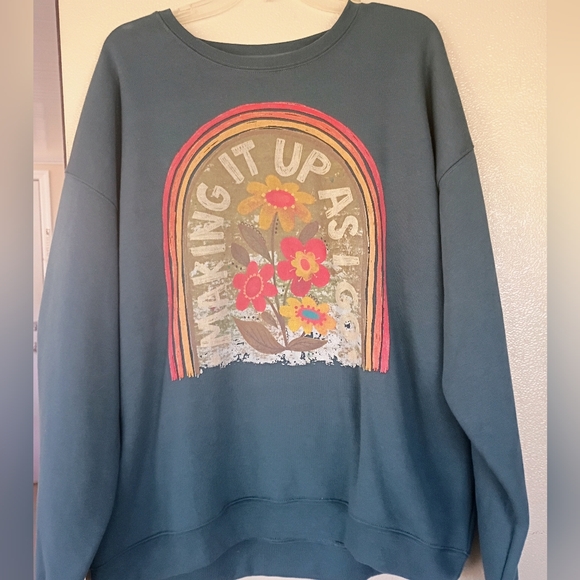 NATURAL LIFE Sweaters - NATURAL LIFE Graphic Crew Neck Sweatshirt - Teal and Multicolor